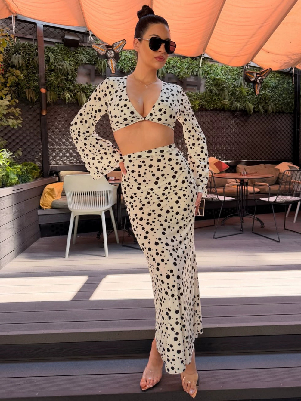 Zara Fall 2 Piece Polka Dot Deep V-Neck High Waist Slim Skirt Set
